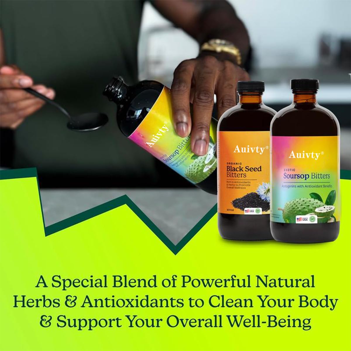 Auivty Soursop Bitters label close-up highlighting digestion-friendly herbs.
