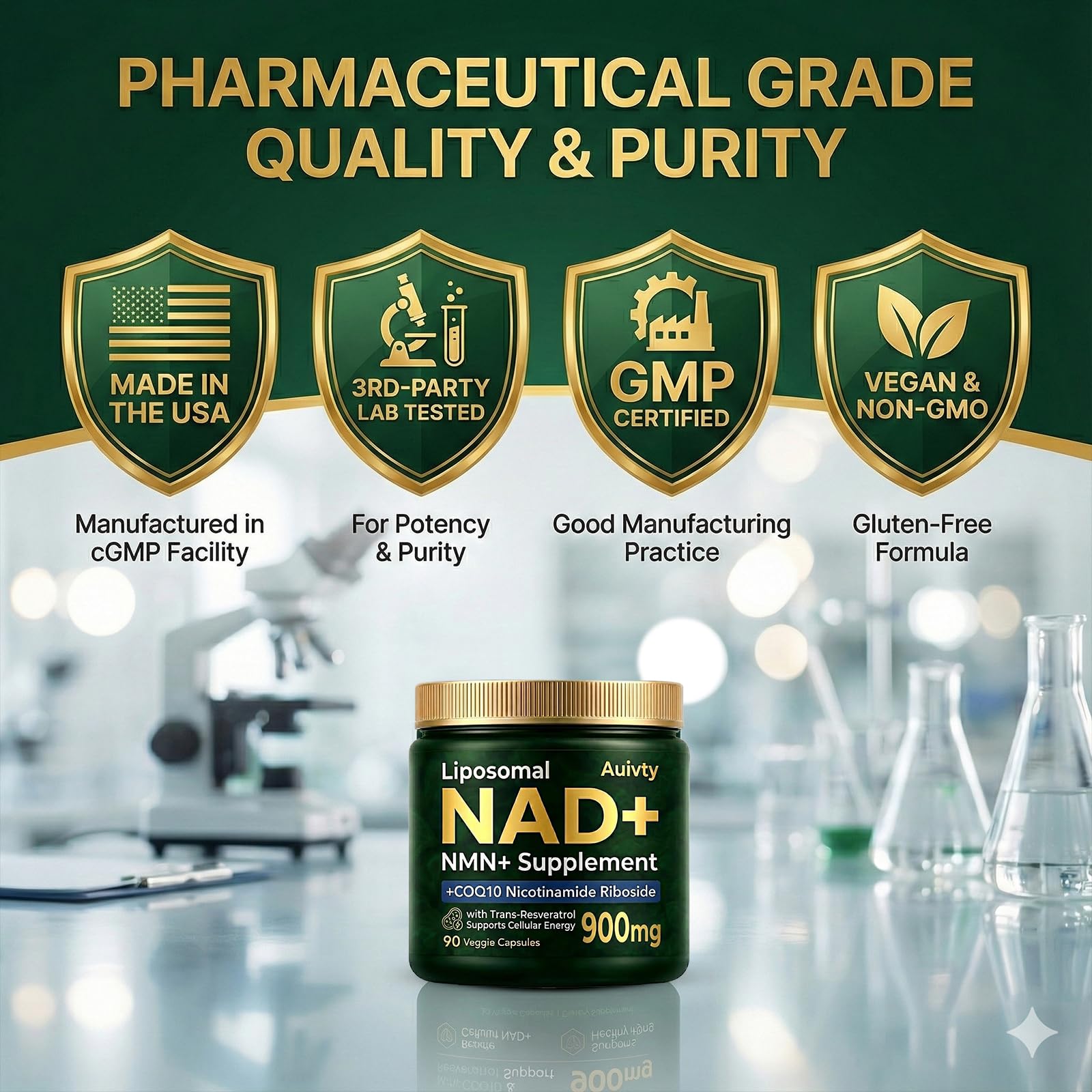 Auivty third-party lab testing seal assures verified potency and safety.