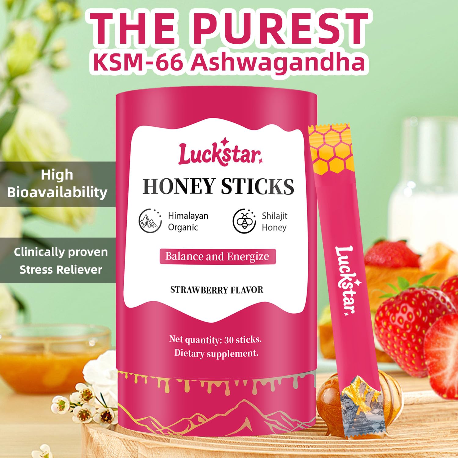 Close-up tear-open stick shows natural strawberry flavor and purity.