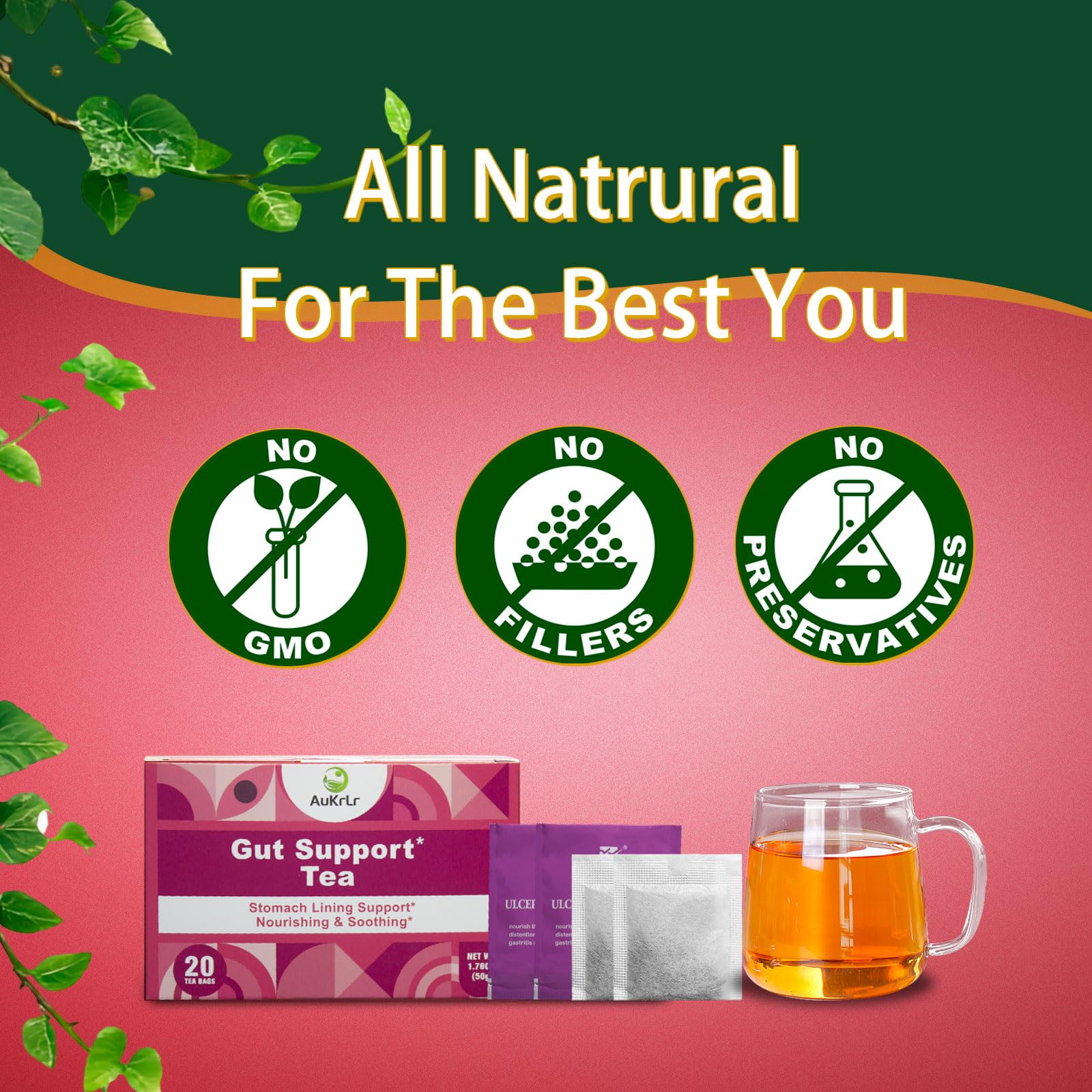 AuKrLr caffeine-free tea on a table with a clock, ready for evening or bedtime routine.