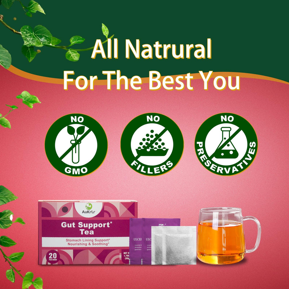 AuKrLr caffeine-free tea on a table with a clock, ready for evening or bedtime routine.