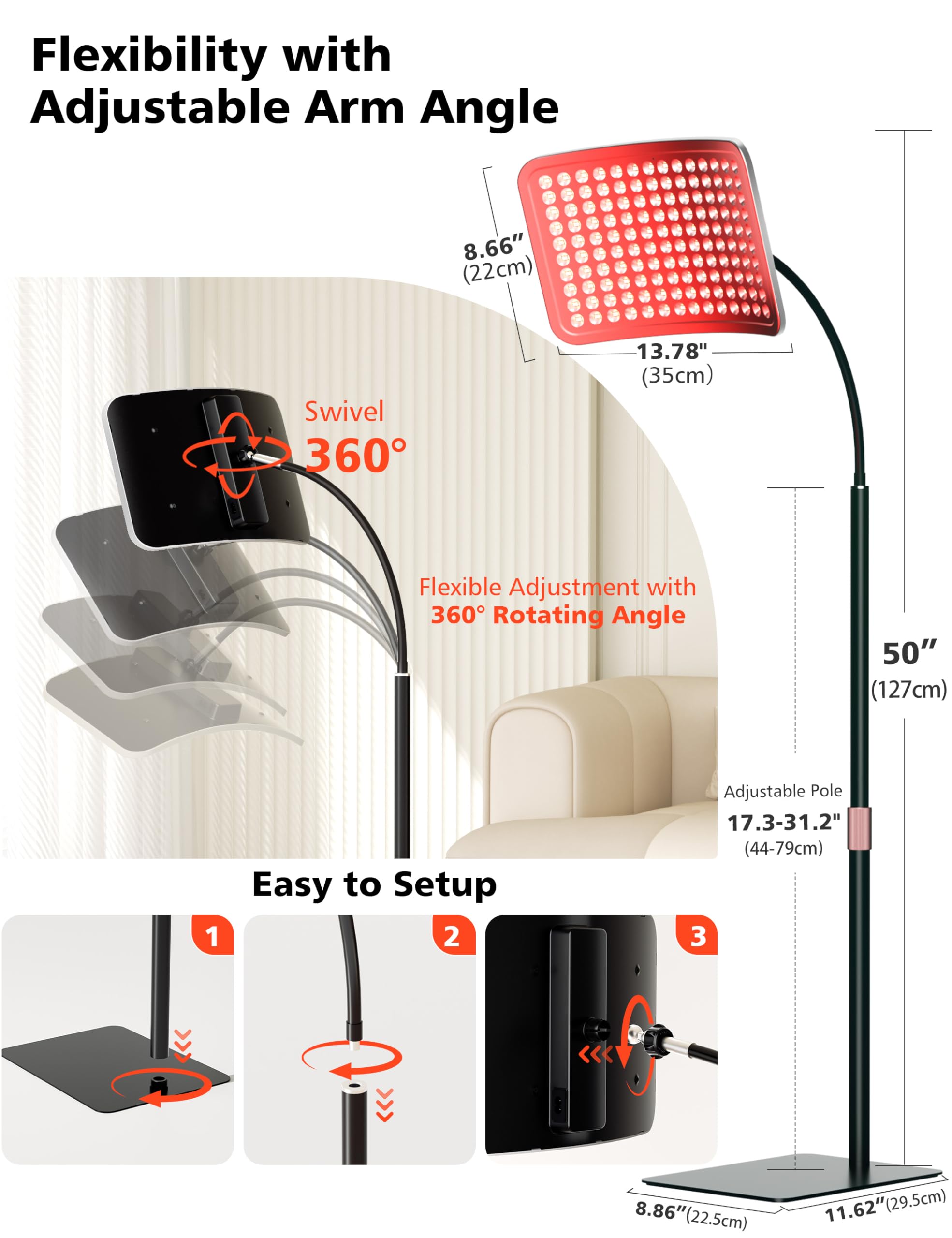 Aulanto Red Light Panel adjustable stand supports standing or lying down.