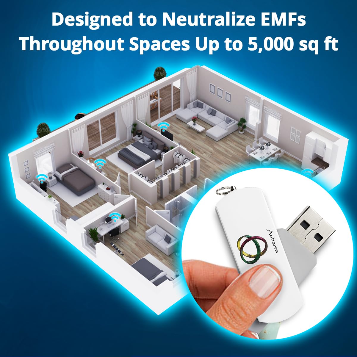 Aulterra EMF Home Neutralizer USB connected to room electronics rhythms.