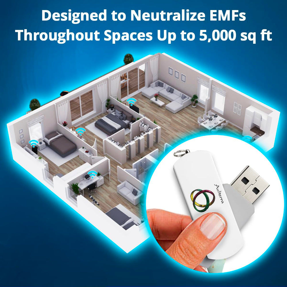 Aulterra EMF Home Neutralizer USB connected to room electronics rhythms.