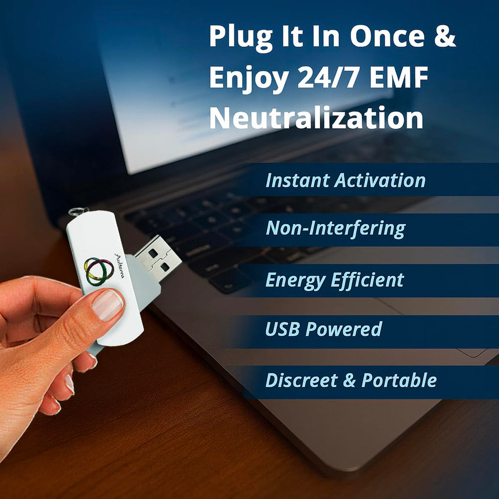Aulterra EMF Home Neutralizer USB near a WiFi router for interference relief.