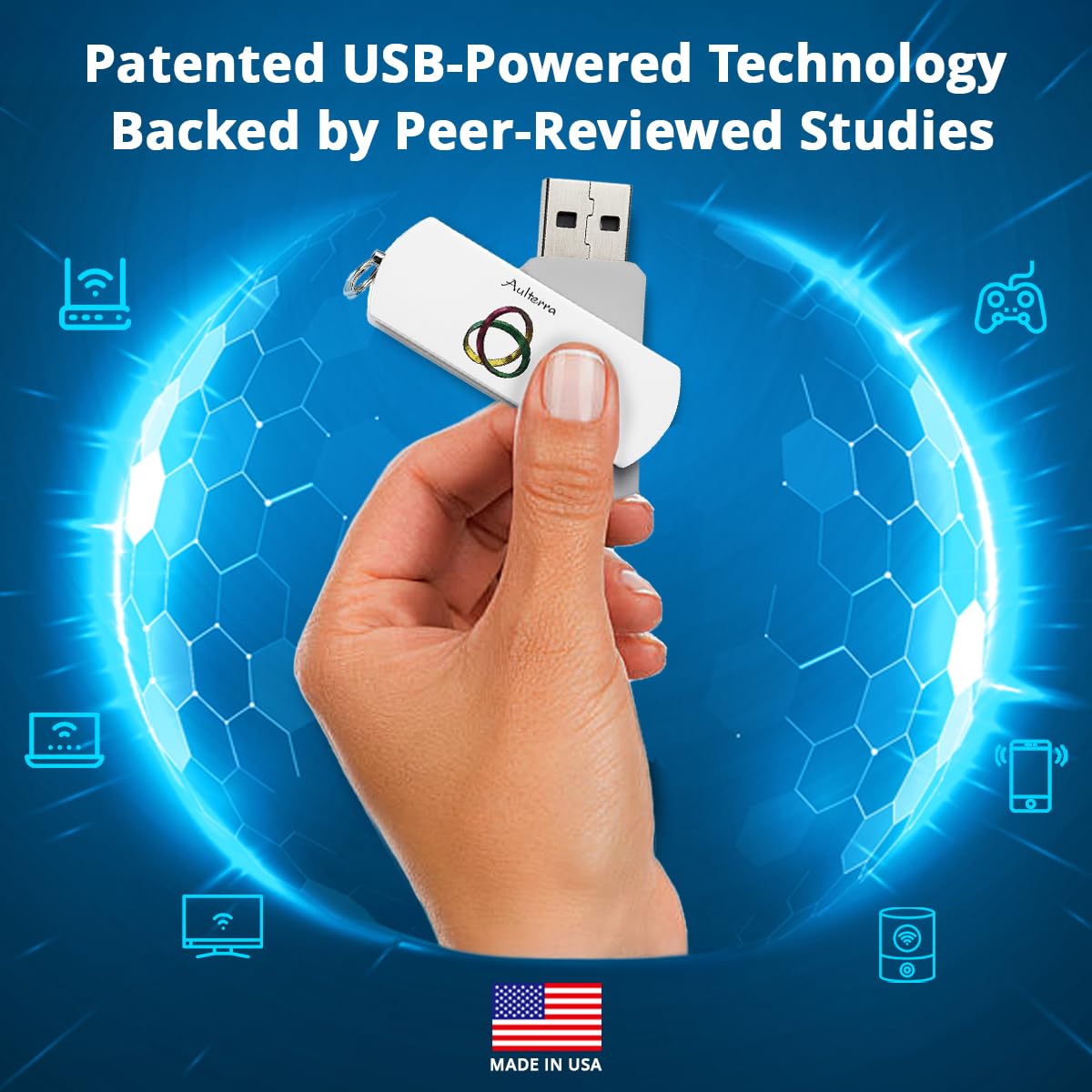 Aulterra EMF Home Neutralizer USB in packaging for easy setup.