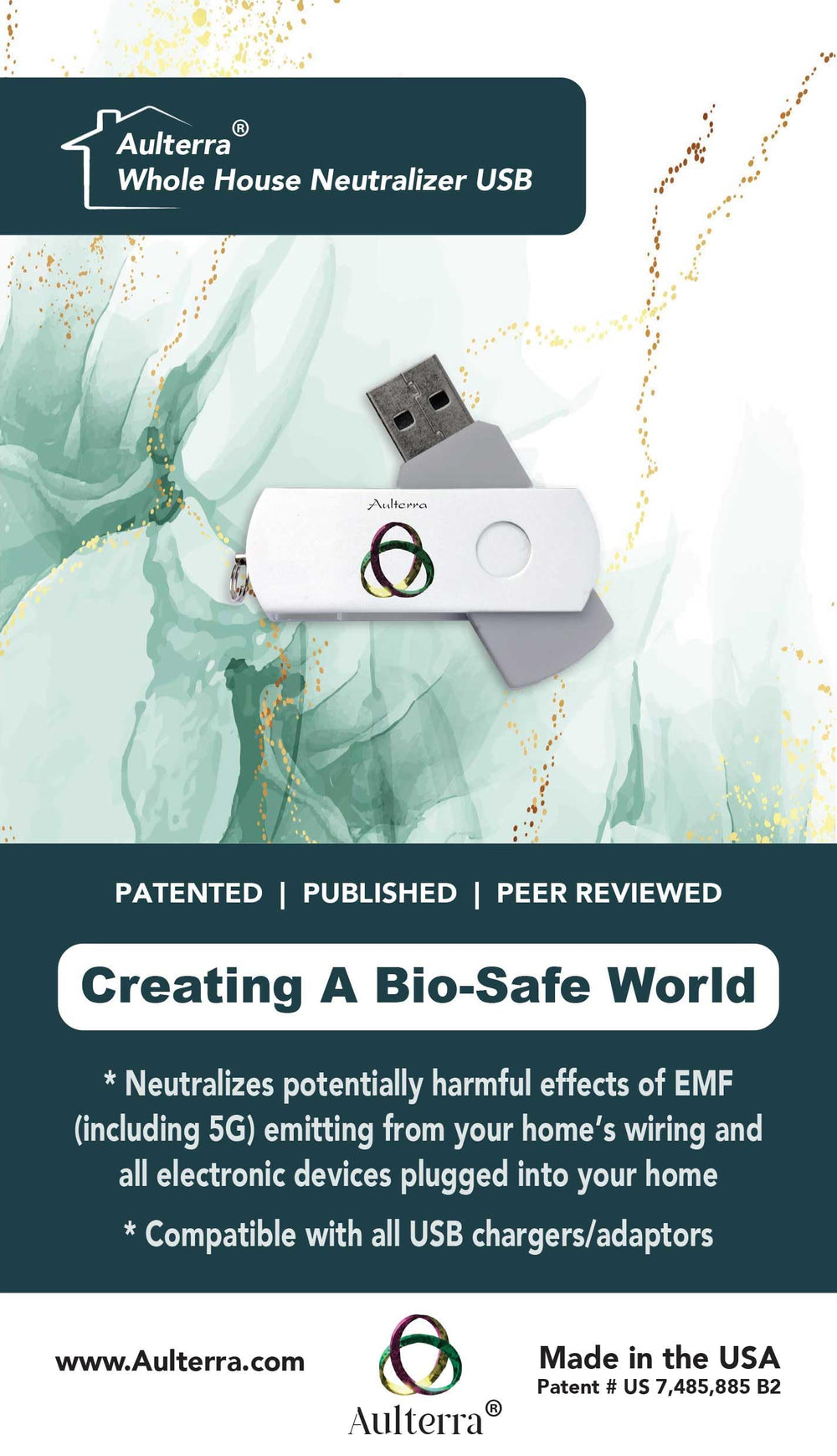 Aulterra EMF Home Neutralizer USB beside a computer to balance signals.
