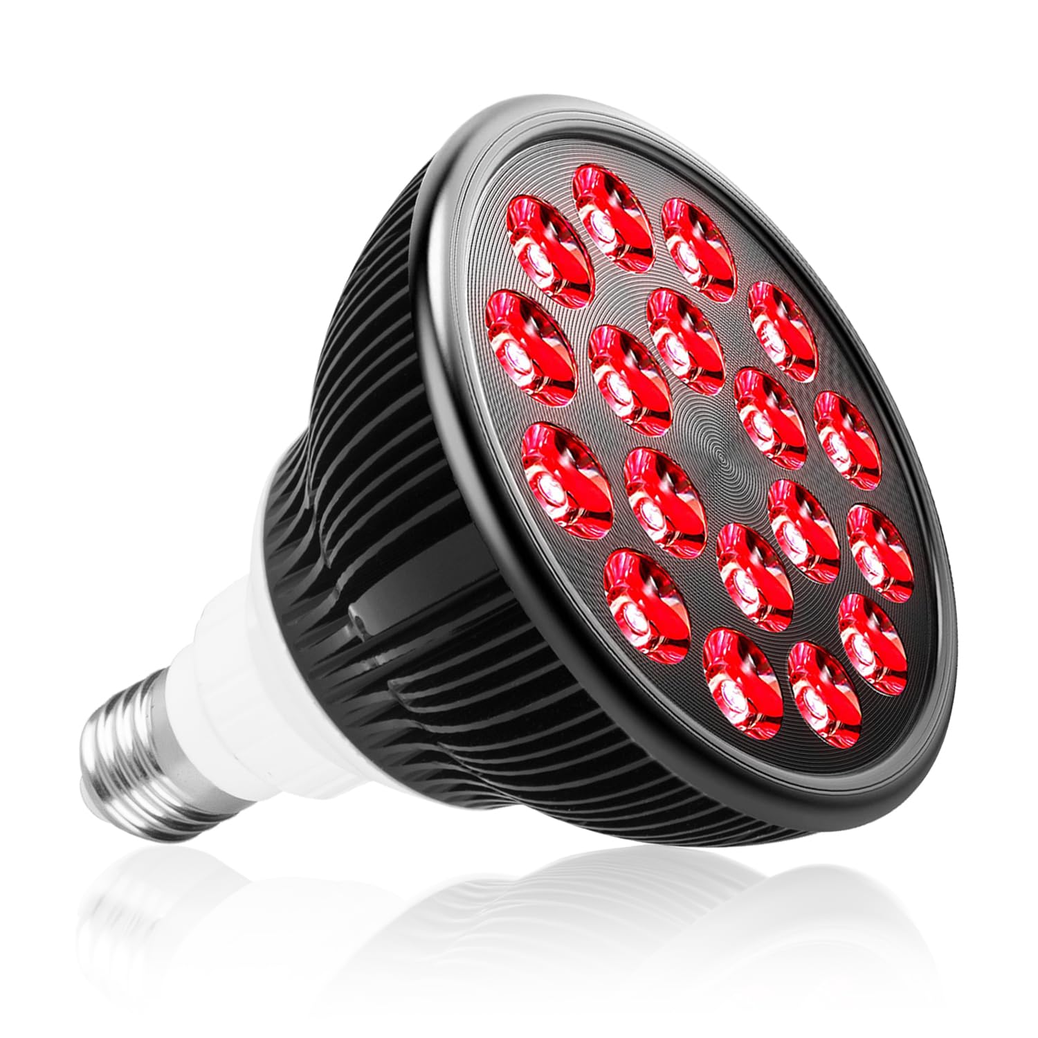 Aumtrly red light therapy bulb focused on facial and neck area for skin glow.
