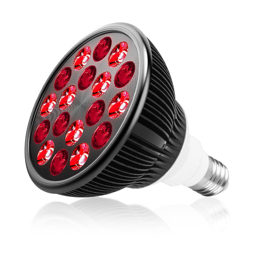 Aumtrly red light therapy bulb front view showing accessible setup and skin support.