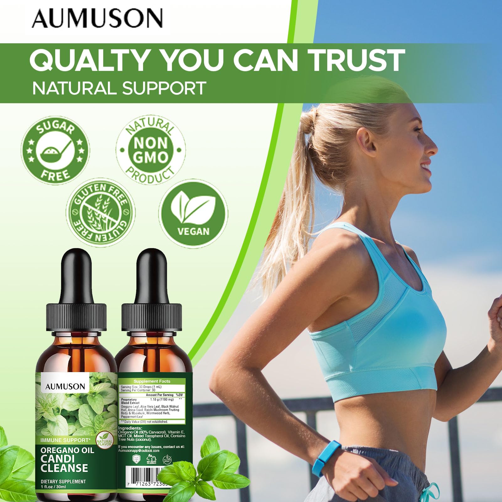 AUMUSON Aloe Vera leaf graphic suggests soothing hydration and digestion support