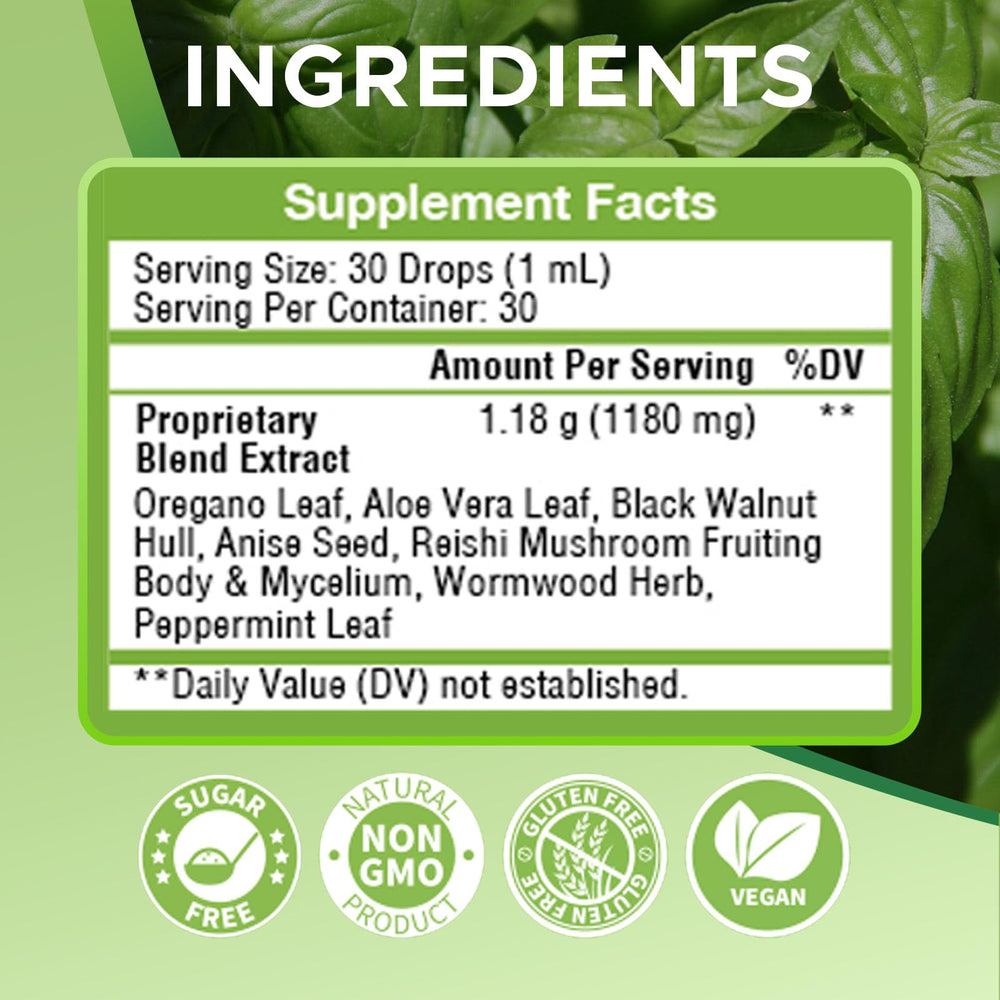 AUMUSON oregano oil drops bottle highlights potent oregano for gut balance