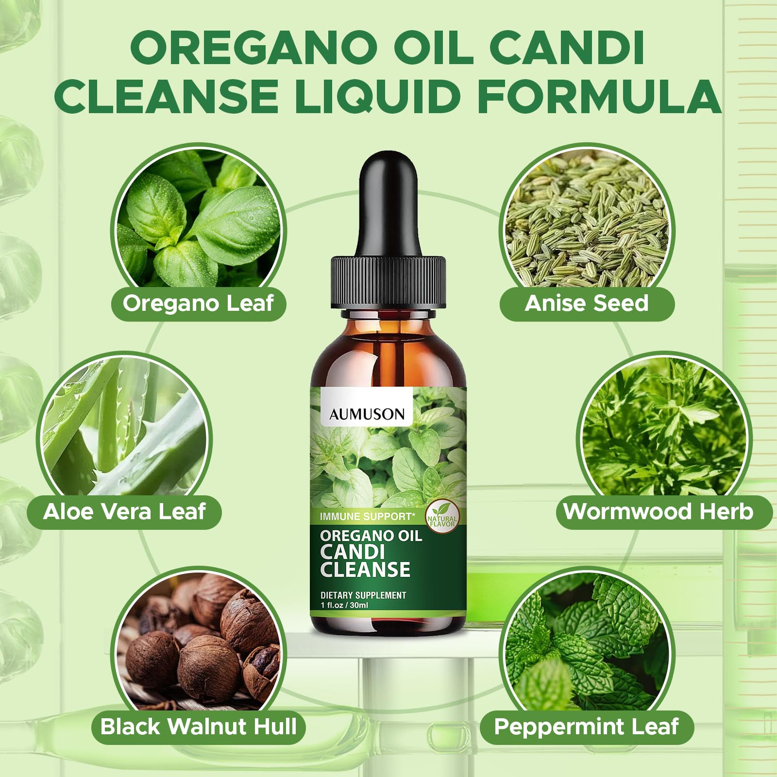 AUMUSON peppermint leaf graphic hints at refreshing aroma and gut comfort