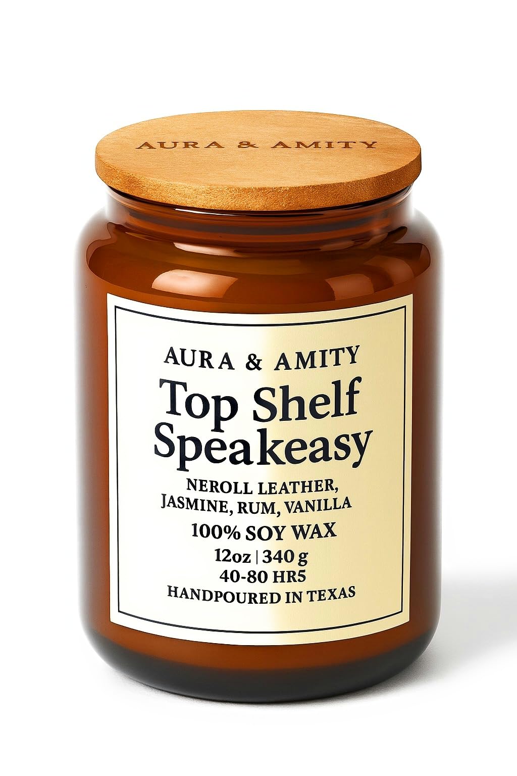 Aura & Amity Top Shelf Speakeasy candle in frosted glass enhances living room ambience.