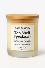 Aura & Amity Top Shelf Speakeasy with wooden lid elevates decor and aroma subtly.