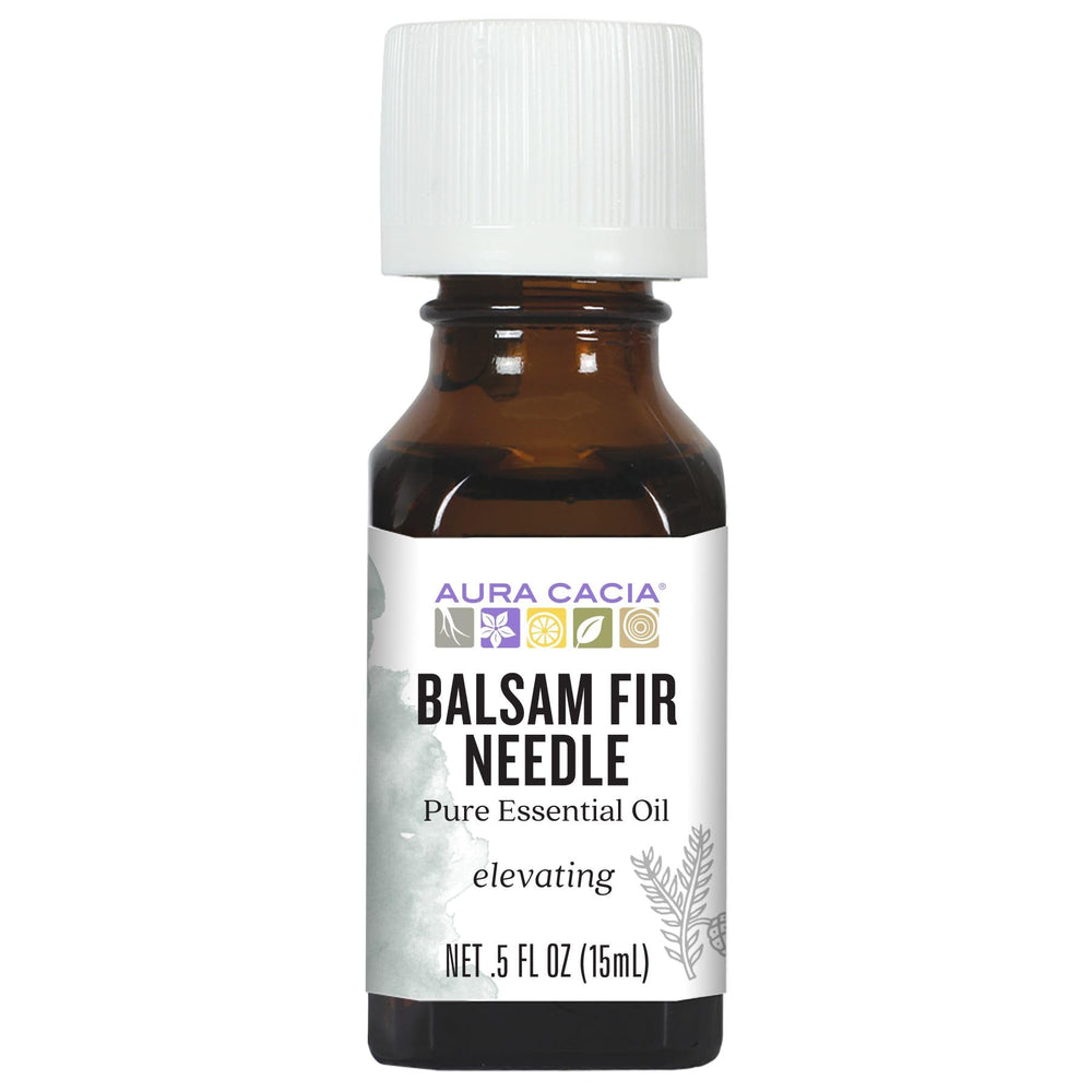 Aura Cacia Balsam Fir Needle oil bottle ready for diffusion and aromatherapy.