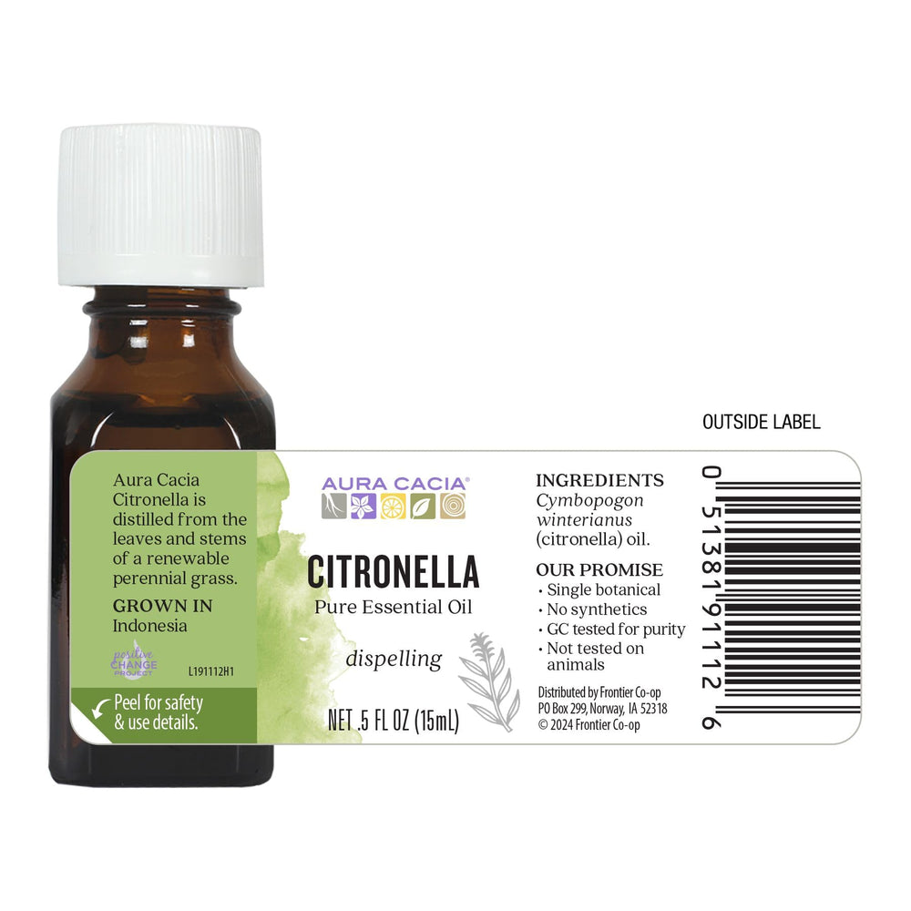 Aura Cacia citronella Java bottle-closeup showing compact 0.5 oz bottle.