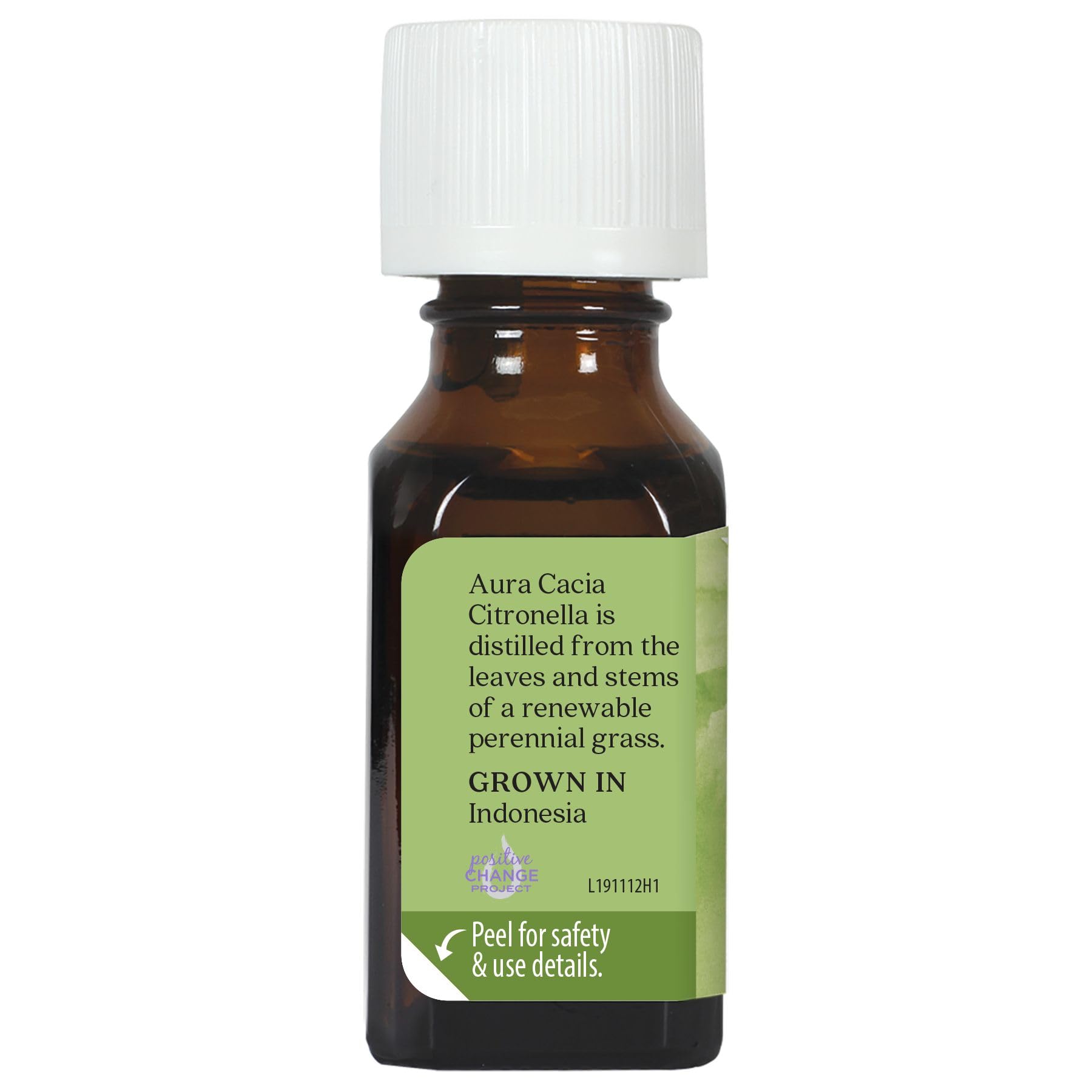 Aura Cacia citronella Java ingredients-label close-up showing purity of essential oil.