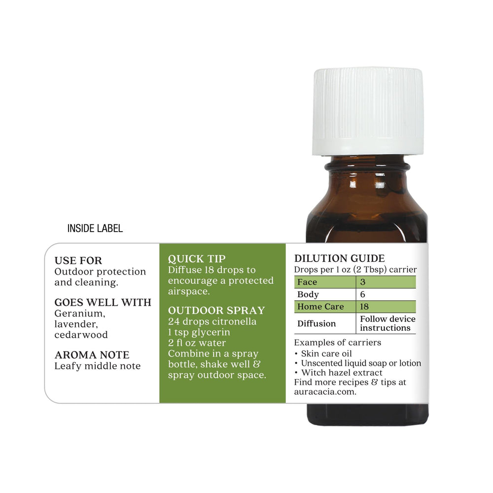 Aura Cacia citronella Java outdoor-use image suggesting patio scent.