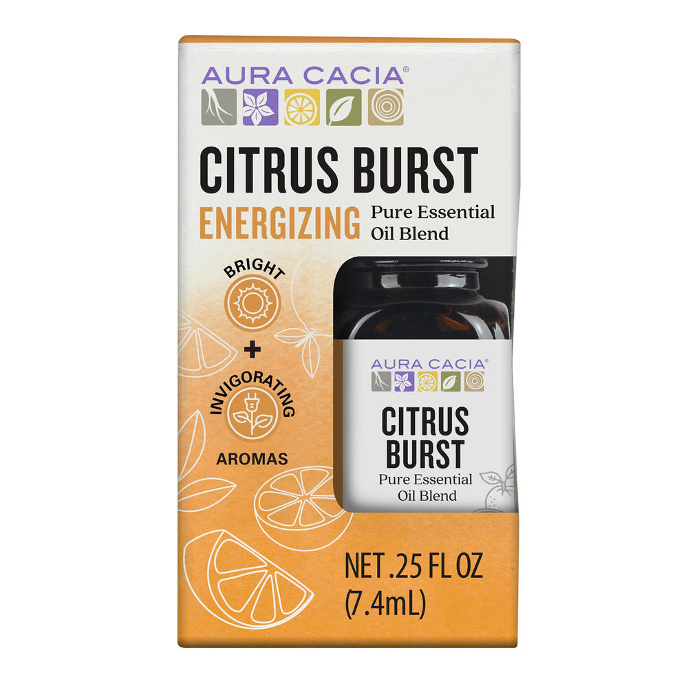Aura Cacia Citrus Burst bottle front view, signaling pure aroma for everyday use