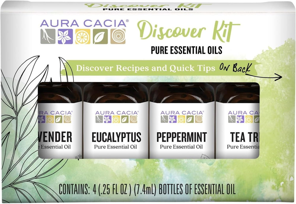Aura Cacia Discover essential oils kit lavender bottle for calming diffusions and blends.