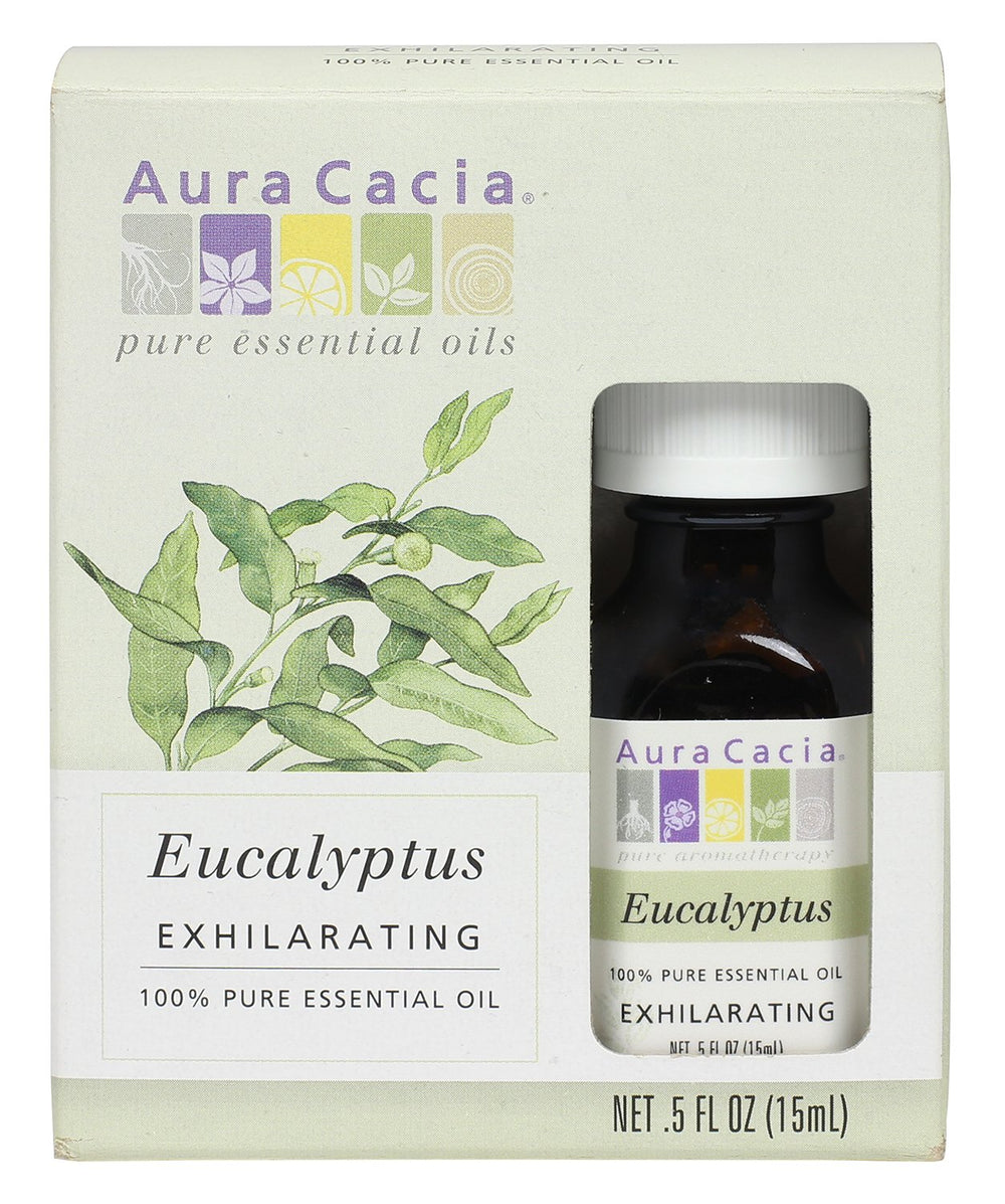 Aura Cacia Eucalyptus bottle pour, ideal for diffusing and DIY blends.