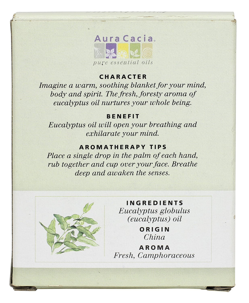 Aura Cacia Eucalyptus label detail, featuring Eucalyptus globulus purity.