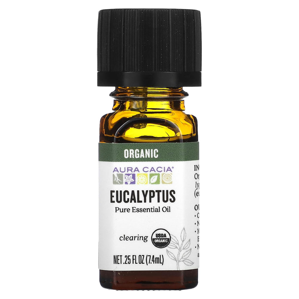 Aura Cacia Eucalyptus Radiata bottle with brisk aroma for refreshing spaces.