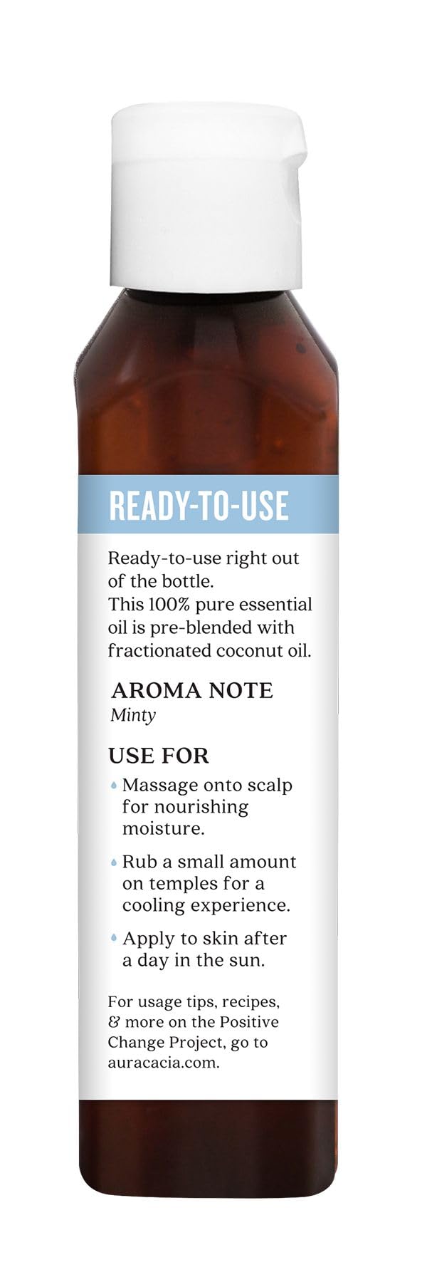 Aura Cacia fractionated coconut oil bottle highlighting lightweight carrier.