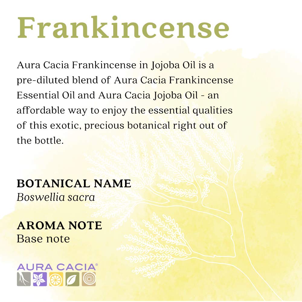 Close-up of the Aura Cacia label on frankincense in jojoba oil.