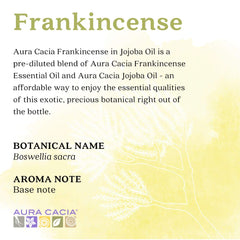 Close-up of the Aura Cacia label on frankincense in jojoba oil.