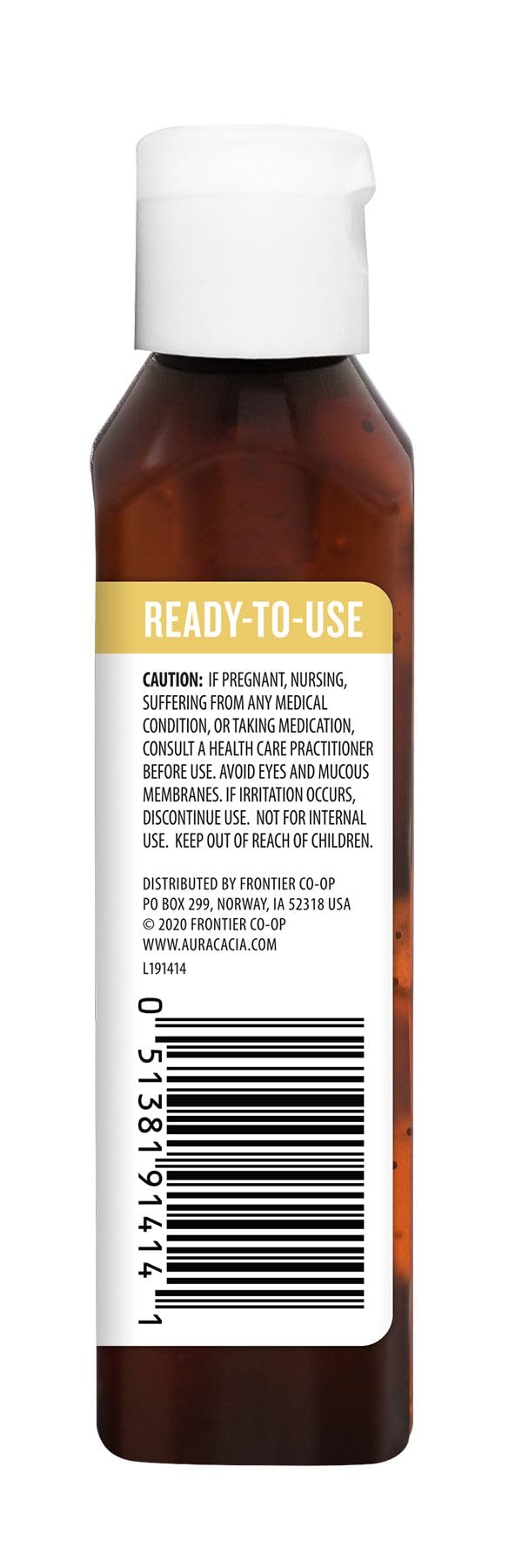 Aura Cacia GC/MS purity label on frankincense oil bottle.