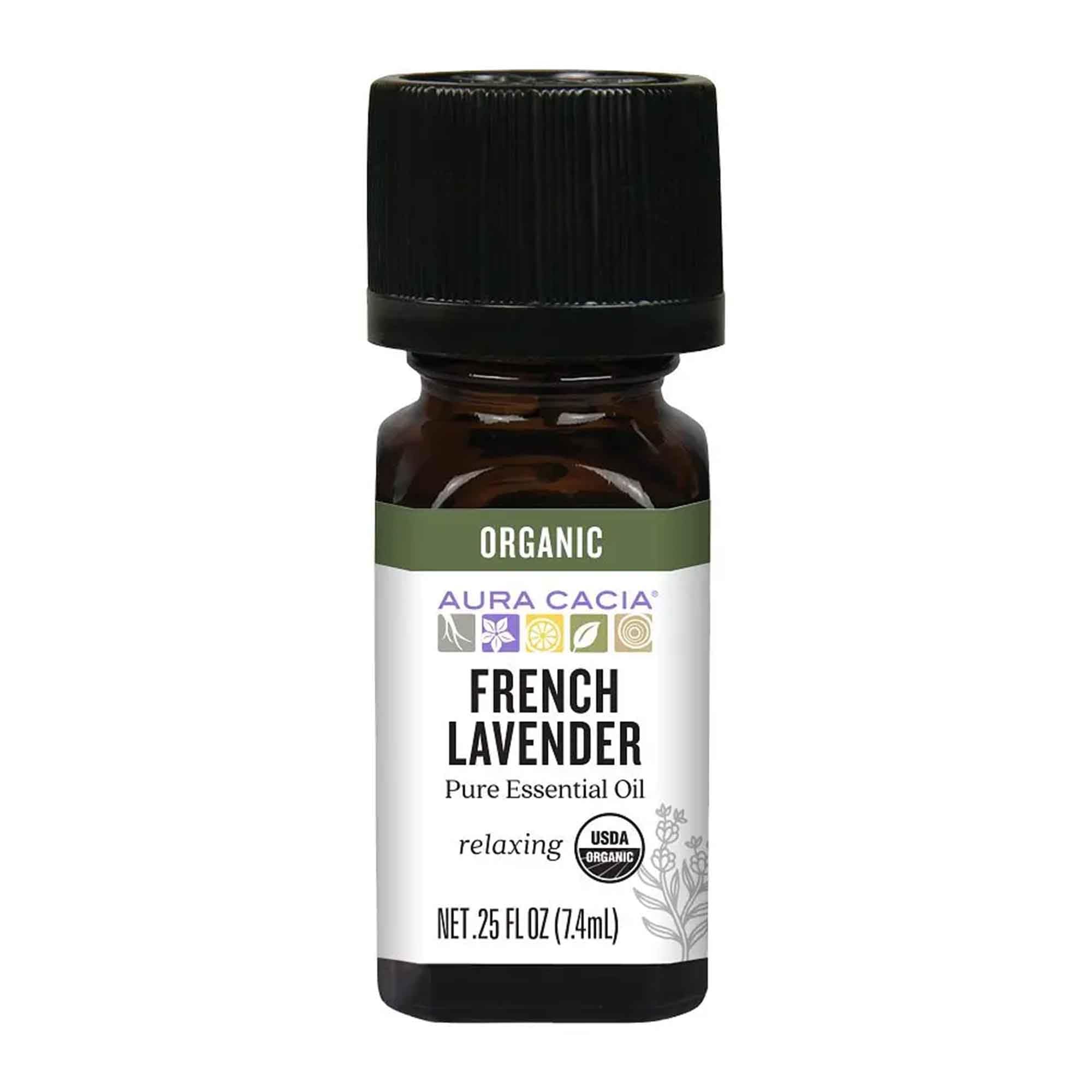 Aura Cacia French Lavender essential oil bottle for diffuser use and soothing skincare.