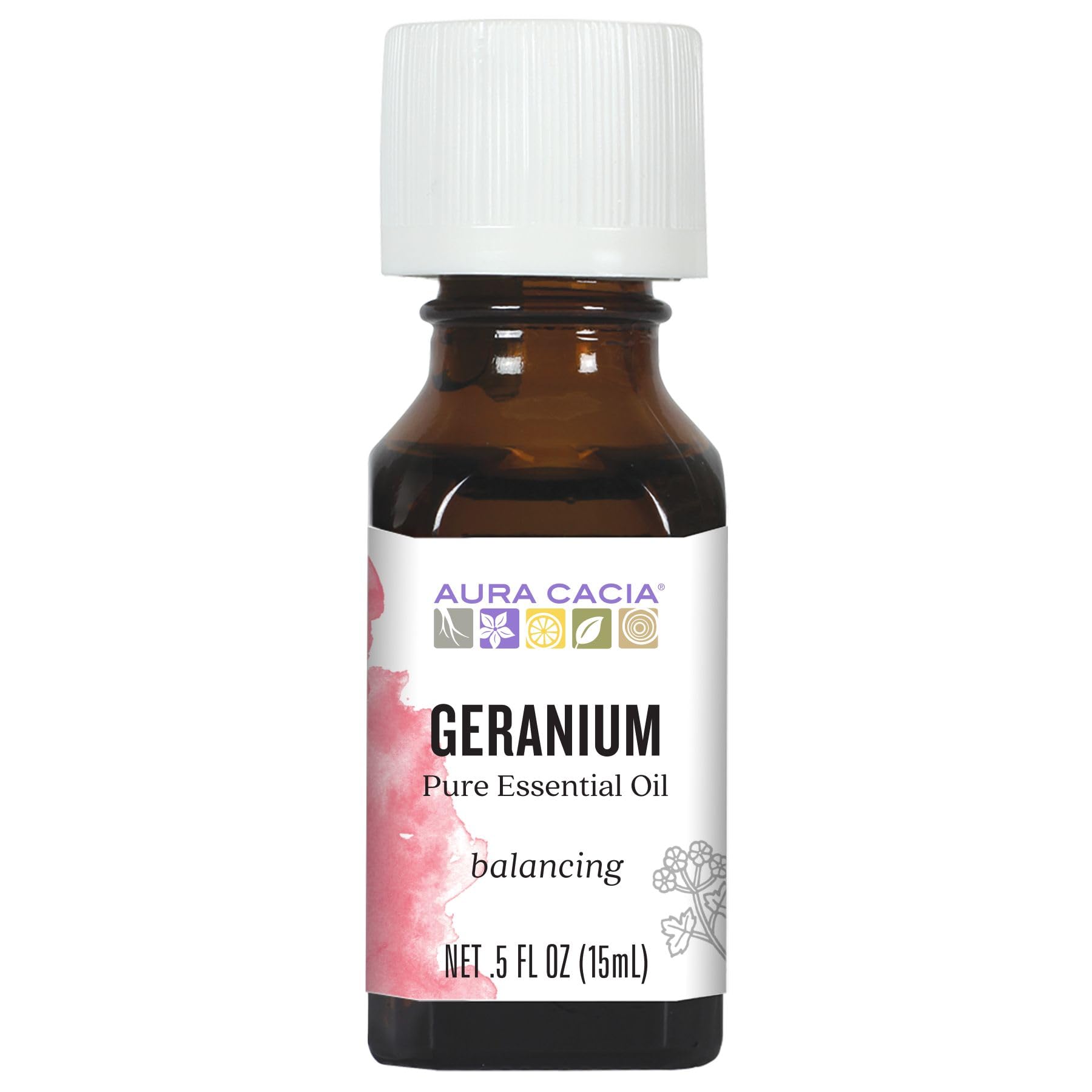 Aura Cacia Geranium essential oil bottle ideal for DIY skincare blends with fresh floral aroma