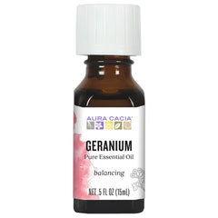 Aura Cacia Geranium essential oil bottle ideal for DIY skincare blends with fresh floral aroma