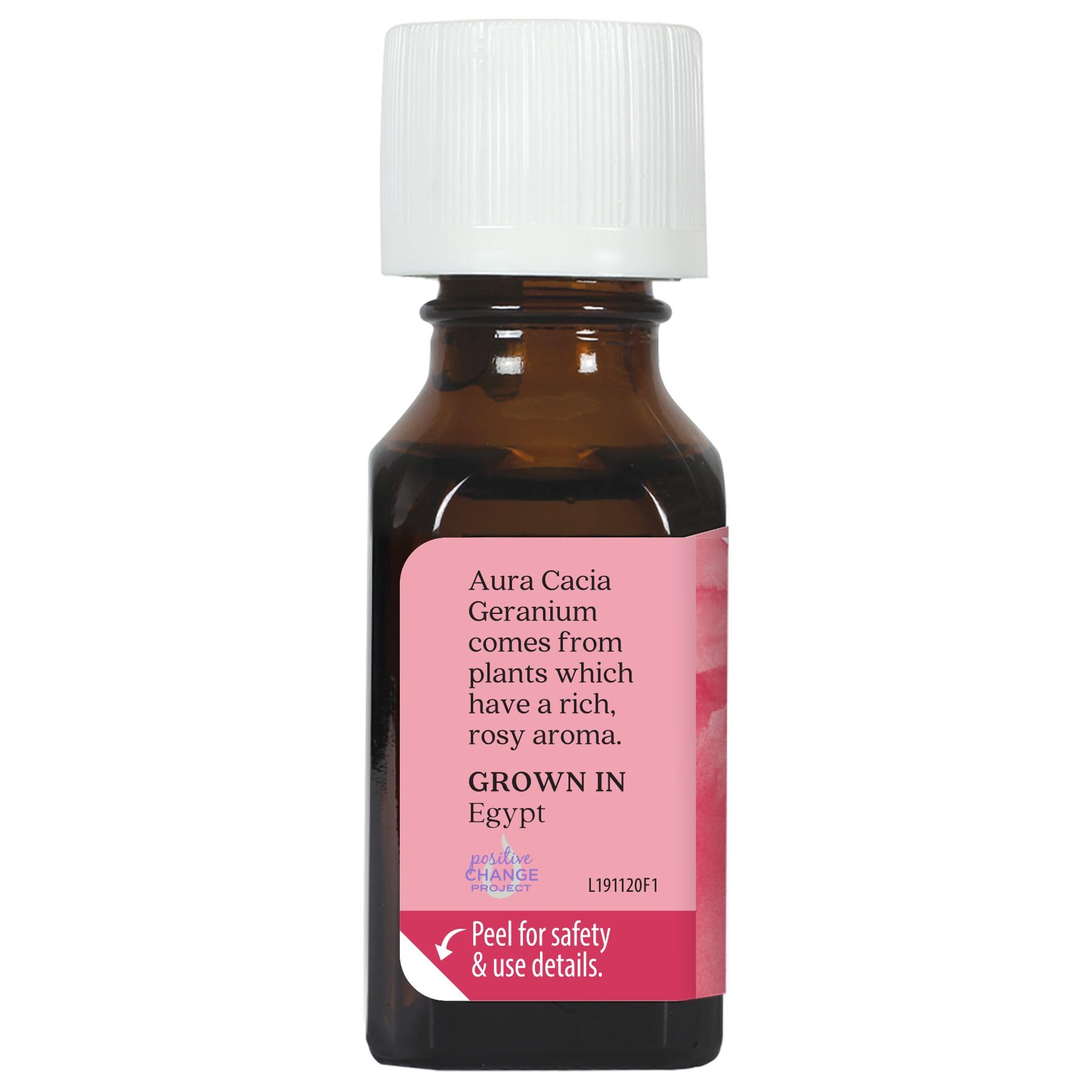 Aura Cacia Geranium essential oil with flowers and leaves for authentic aroma