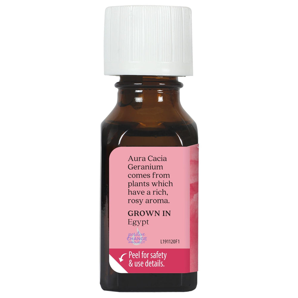 Aura Cacia Geranium essential oil with flowers and leaves for authentic aroma