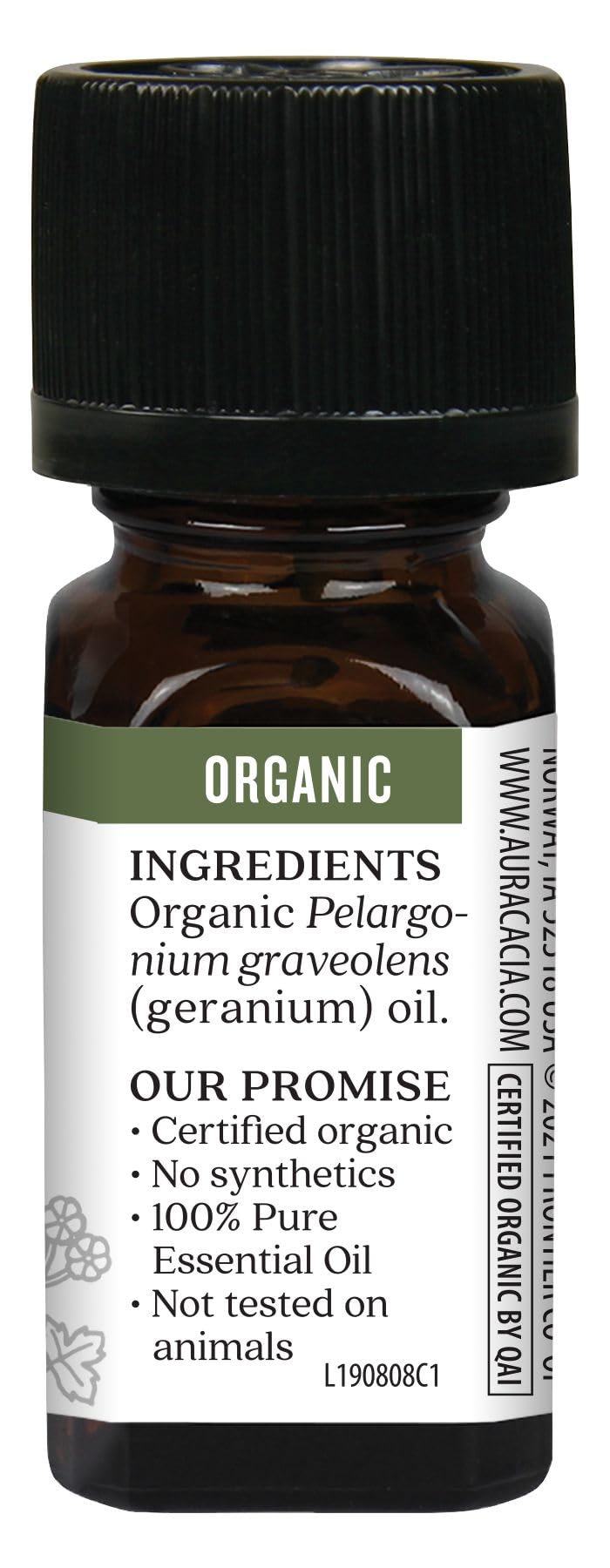 Organic certification seal on Aura Cacia Geranium Oil packaging.