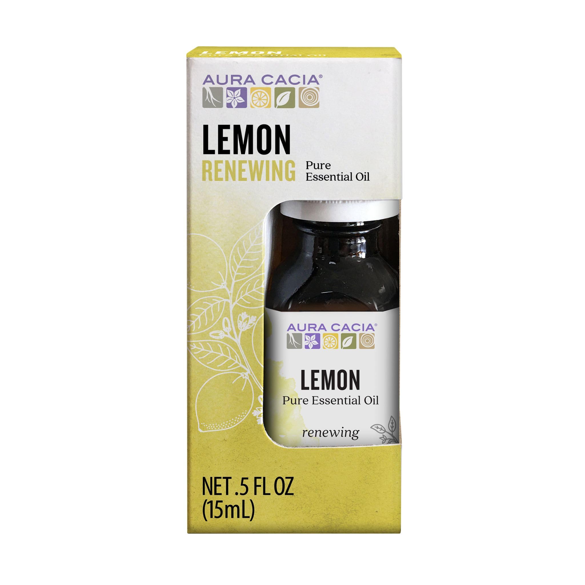 Aura Cacia lemon essential oil bottle front for bright citrus aroma.