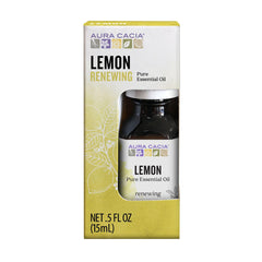 Aura Cacia lemon essential oil bottle front for bright citrus aroma.