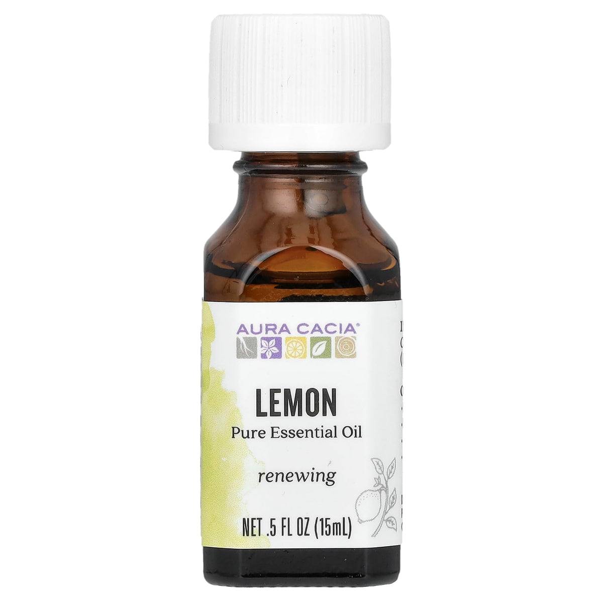 Aura Cacia lemon essential oil bottle pour, uplifting aroma for cleaning.