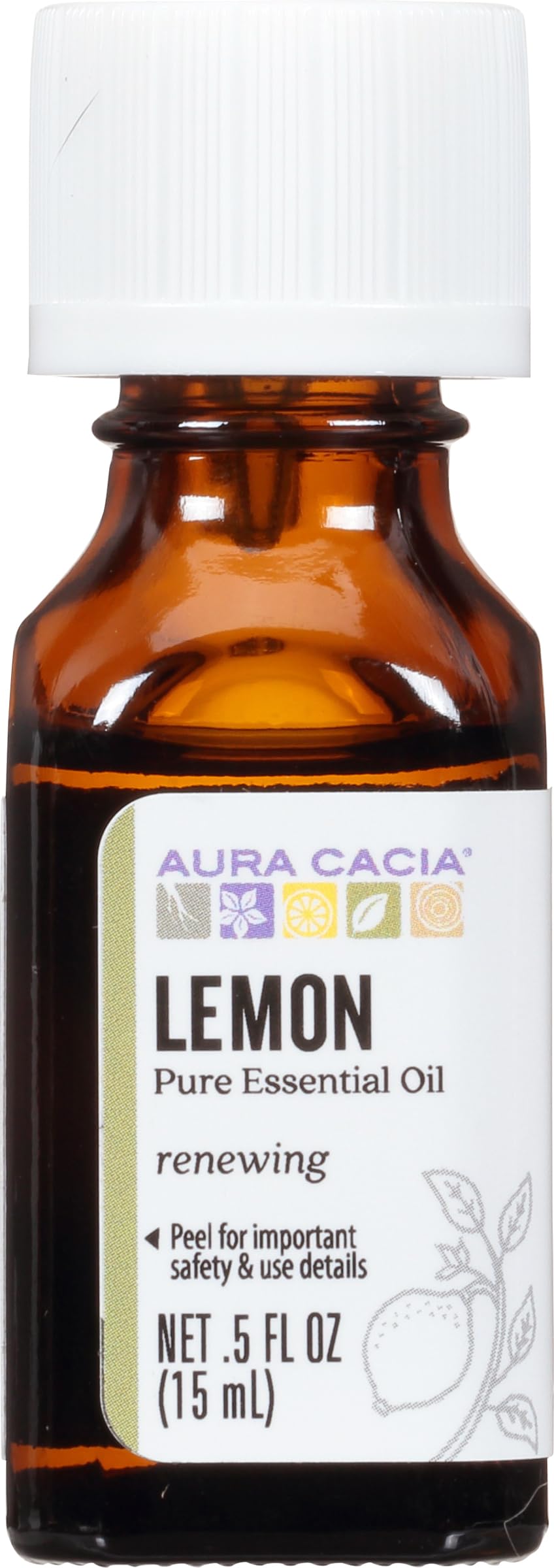 Aura Cacia lemon essential oil bottle for refreshing scent and cleansing blends