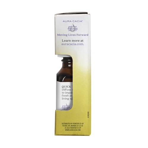 Aura Cacia lemon essential oil with natural ingredients panel for purity.