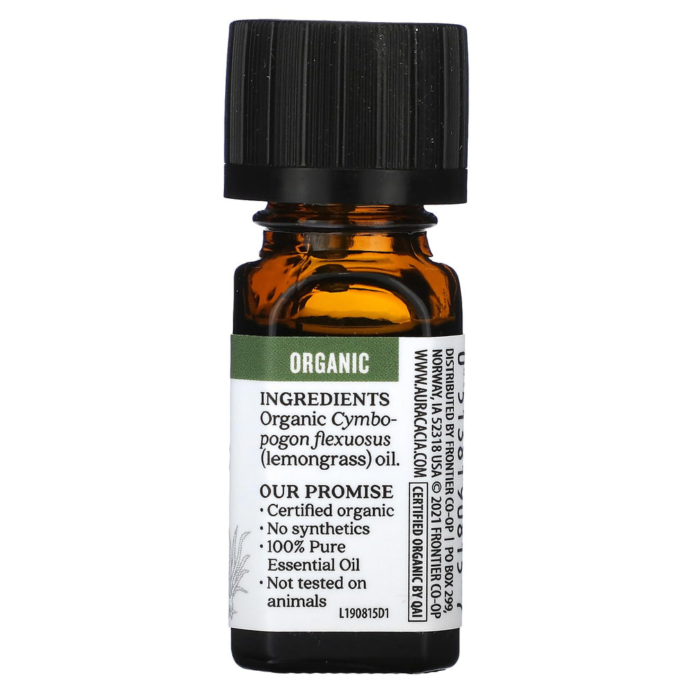 Aura Cacia lemongrass essential oil bottle closeup, crisp herbaceous scent