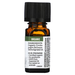 Aura Cacia lemongrass essential oil bottle closeup, crisp herbaceous scent