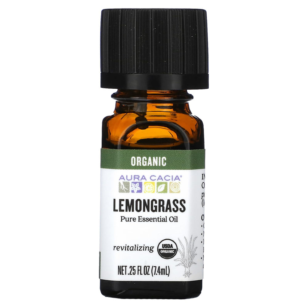 Aura Cacia lemongrass essential oil bottle pour, diffusion-ready aroma