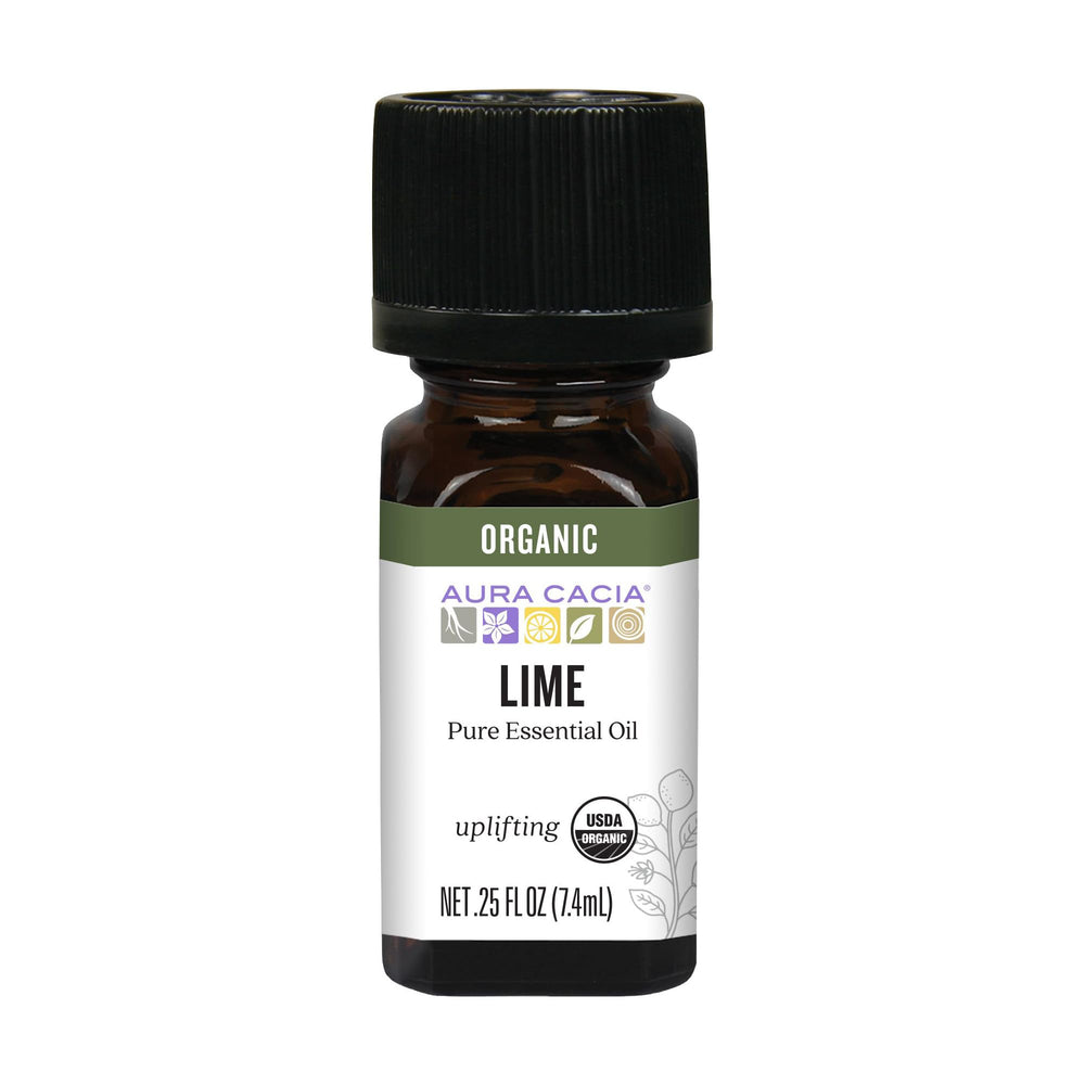 Aura Cacia lime oil bottle front view for uplifting aromatherapy.