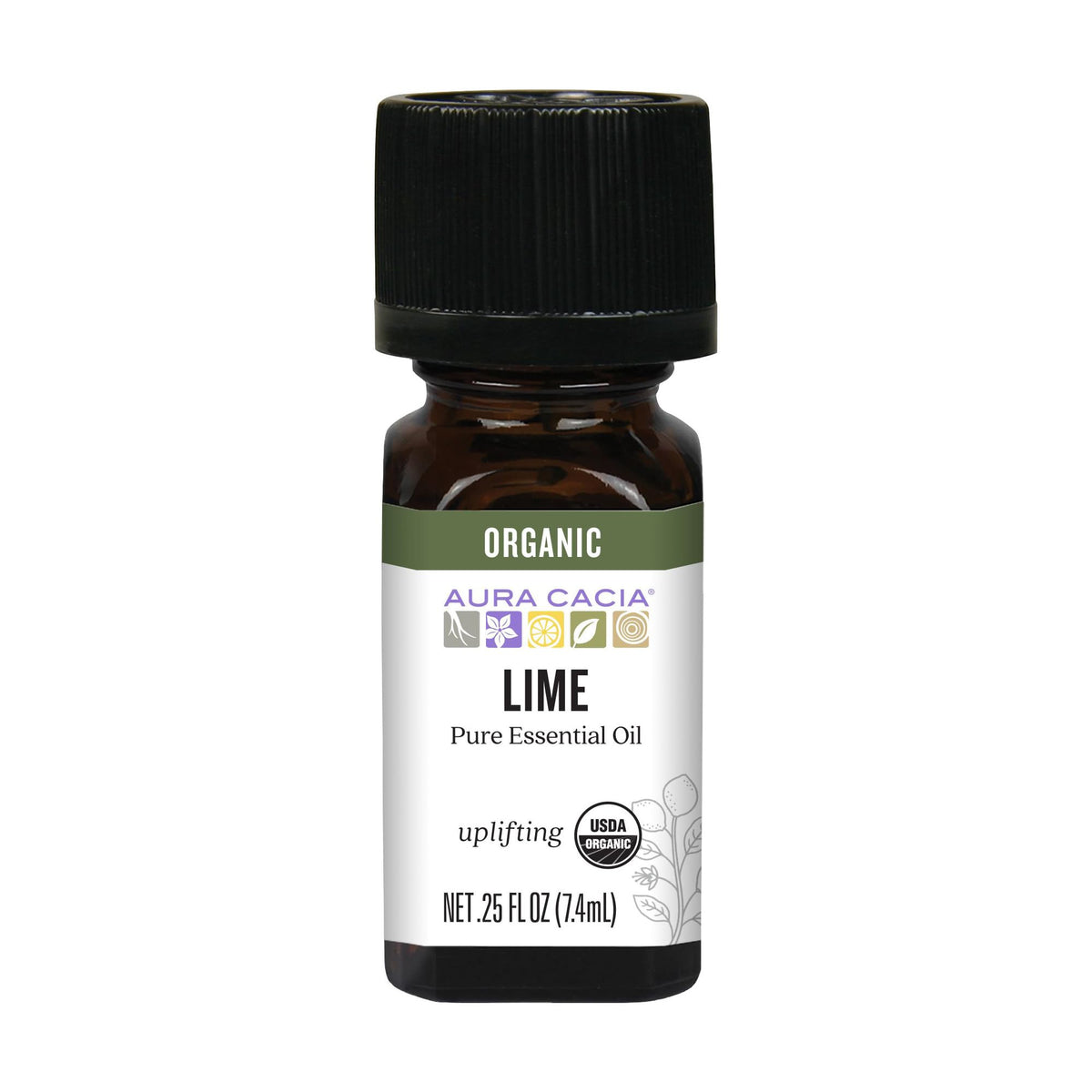 Aura Cacia lime oil bottle front view for uplifting aromatherapy.