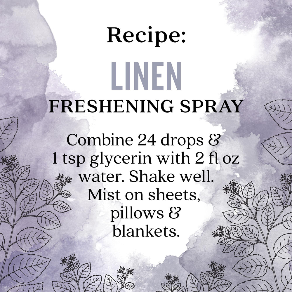 Aura Cacia Linen bottle shows blue tansy and chamomile hues signaling botanical integrity.