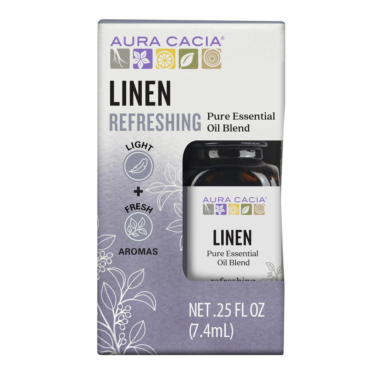 Aura Cacia Linen bottle front shows pure essential oils for a light, refreshing aroma.