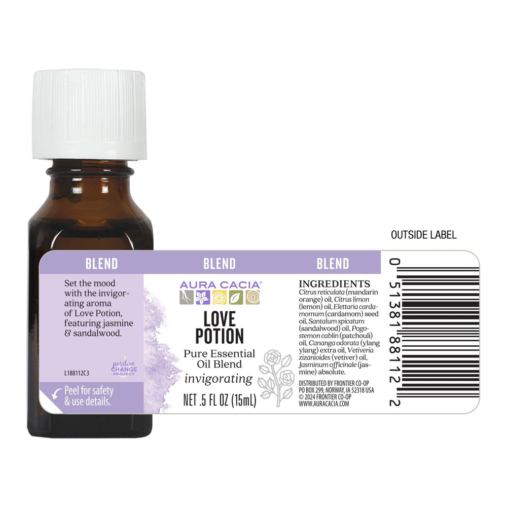 Aura Cacia Love Potion ingredients display natural absolutes for a nuanced fragrance.